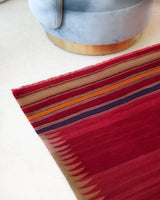 Vintage kilim rug in living room setting, bright colors, wild shaman, soft rug, bold color, Portland, Oregon, rug store, rug shop, local shop, vintage rug, modern kilim, warm colors, antique kilim rug