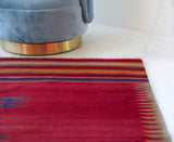 Vintage kilim rug in living room setting, bright colors, wild shaman, soft rug, bold color, Portland, Oregon, rug store, rug shop, local shop, vintage rug, modern kilim, warm colors, antique kilim rug