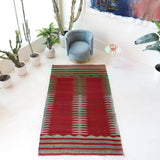 Vintage kilim rug in living room setting, bright colors, wild shaman, soft rug, bold color, Portland, Oregon, rug store, rug shop, local shop, vintage rug, modern kilim, warm colors, antique kilim rug