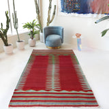 Vintage kilim rug in living room setting, bright colors, wild shaman, soft rug, bold color, Portland, Oregon, rug store, rug shop, local shop, vintage rug, modern kilim, warm colors, antique kilim rug