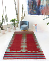 Vintage kilim rug in living room setting, bright colors, wild shaman, soft rug, bold color, Portland, Oregon, rug store, rug shop, local shop, vintage rug, modern kilim, warm colors, antique kilim rug