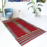 Vintage kilim rug in living room setting, bright colors, wild shaman, soft rug, bold color, Portland, Oregon, rug store, rug shop, local shop, vintage rug, modern kilim, warm colors, antique kilim rug