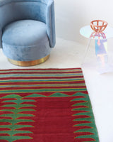 Vintage kilim rug in living room setting, bright colors, wild shaman, soft rug, bold color, Portland, Oregon, rug store, rug shop, local shop, vintage rug, modern kilim, warm colors, antique kilim rug