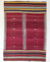 Vintage kilim rug in living room setting, bright colors, wild shaman, soft rug, bold color, Portland, Oregon, rug store, rug shop, local shop, vintage rug, modern kilim, warm colors, antique kilim rug