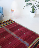 Vintage kilim rug in living room setting, bright colors, wild shaman, soft rug, bold color, Portland, Oregon, rug store, rug shop, local shop, vintage rug, modern kilim, warm colors, antique kilim rug