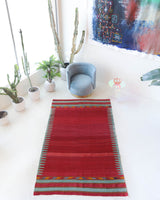 Vintage kilim rug in living room setting, bright colors, wild shaman, soft rug, bold color, Portland, Oregon, rug store, rug shop, local shop, vintage rug, modern kilim, warm colors, antique kilim rug