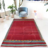 Vintage kilim rug in living room setting, bright colors, wild shaman, soft rug, bold color, Portland, Oregon, rug store, rug shop, local shop, vintage rug, modern kilim, warm colors, antique kilim rug