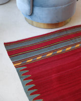 Vintage kilim rug in living room setting, bright colors, wild shaman, soft rug, bold color, Portland, Oregon, rug store, rug shop, local shop, vintage rug, modern kilim, warm colors, antique kilim rug