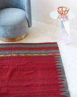 Vintage kilim rug in living room setting, bright colors, wild shaman, soft rug, bold color, Portland, Oregon, rug store, rug shop, local shop, vintage rug, modern kilim, warm colors, antique kilim rug