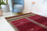 Vintage kilim rug in living room setting, bright colors, wild shaman, soft rug, bold color, Portland, Oregon, rug store, rug shop, local shop, vintage rug, modern kilim, warm colors, antique kilim rug