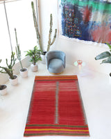 Vintage kilim rug in living room setting, bright colors, wild shaman, soft rug, bold color, Portland, Oregon, rug store, rug shop, local shop, vintage rug, modern kilim, warm colors, antique kilim rug