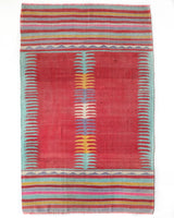 Vintage kilim rug in living room setting, bright colors, wild shaman, soft rug, bold color, Portland, Oregon, rug store, rug shop, local shop, vintage rug, modern kilim, warm colors, antique kilim rug