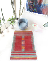 Vintage kilim rug in living room setting, bright colors, wild shaman, soft rug, bold color, Portland, Oregon, rug store, rug shop, local shop, vintage rug, modern kilim, warm colors, antique kilim rug