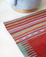 Vintage kilim rug in living room setting, bright colors, wild shaman, soft rug, bold color, Portland, Oregon, rug store, rug shop, local shop, vintage rug, modern kilim, warm colors, antique kilim rug