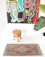Vintage mini kilim rug in room decor setting, kilim, Turkish rug, vintage rug, portland, rug shop, bright colors, wild shaman, soft rug, bold color, Portland, Oregon, rug store, rug shop, local shop