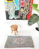 Vintage mini kilim rug in room decor setting, kilim, Turkish rug, vintage rug, portland, rug shop, bright colors, wild shaman, soft rug, bold color, Portland, Oregon, rug store, rug shop, local shop