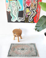 Vintage mini kilim rug in room decor setting, kilim, Turkish rug, vintage rug, portland, rug shop, bright colors, wild shaman, soft rug, bold color, Portland, Oregon, rug store, rug shop, local shop