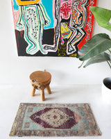Vintage mini kilim rug in room decor setting, kilim, Turkish rug, vintage rug, portland, rug shop, bright colors, wild shaman, soft rug, bold color, Portland, Oregon, rug store, rug shop, local shop