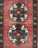 Vintage Turkish mini rug in room decor setting, old rug, antique rug, pastel colors, faded colors, Turkish rug, vintage rug, soft rug, Portland, Oregon, rug store, rug shop, local shop,  bright colors, bold colors