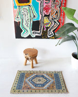 Vintage mini kilim rug in room decor setting, kilim, Turkish rug, vintage rug, portland, rug shop, bright colors, wild shaman, soft rug, bold color, Portland, Oregon, rug store, rug shop, local shop