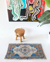 Vintage mini kilim rug in room decor setting, kilim, Turkish rug, vintage rug, portland, rug shop, bright colors, wild shaman, soft rug, bold color, Portland, Oregon, rug store, rug shop, local shop