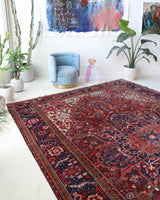 Antique Persian area rug in a living room setting, pile rug, vintage rug, portland, rug shop, bright colors, wild shaman, soft rug, bold color, Portland, Oregon, rug store, rug shop, local shop, antique rug, Persian rug, handmade rug, wool rug, distressed rug