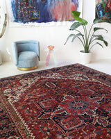 Antique Persian area rug in a living room setting, pile rug, vintage rug, portland, rug shop, bright colors, wild shaman, soft rug, bold color, Portland, Oregon, rug store, rug shop, local shop, antique rug, Persian rug, handmade rug, wool rug, distressed rug