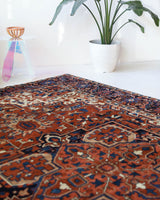 Antique Persian area rug in a living room setting, pile rug, vintage rug, portland, rug shop, bright colors, wild shaman, soft rug, bold color, Portland, Oregon, rug store, rug shop, local shop, antique rug, Persian rug, handmade rug, wool rug, distressed rug