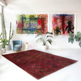 Antique Turkmen rug in a living room setting, pile rug, Turkish rug, vintage rug, portland, rug shop, bright colors, wild shaman, soft rug, bold color, Portland, Oregon, rug store, rug shop, local shop, antique rug