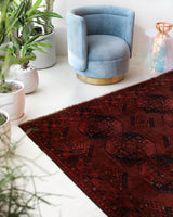 Antique Turkmen rug in a living room setting, pile rug, Turkish rug, vintage rug, portland, rug shop, bright colors, wild shaman, soft rug, bold color, Portland, Oregon, rug store, rug shop, local shop, antique rug