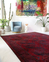 Antique Turkmen rug in a living room setting, pile rug, Turkish rug, vintage rug, portland, rug shop, bright colors, wild shaman, soft rug, bold color, Portland, Oregon, rug store, rug shop, local shop, antique rug