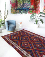 Vintage kilim rug in living room setting, bright colors, wild shaman, soft rug, bold color, Portland, Oregon, rug store, rug shop, local shop, vintage rug, modern kilim, warm colors, antique kilim rug