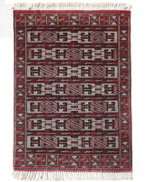 Vintage kilim rug in living room setting, bright colors, wild shaman, soft rug, bold color, Portland, Oregon, rug store, rug shop, local shop, vintage rug, modern kilim, warm colors, antique kilim rug