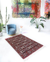 Vintage kilim rug in living room setting, bright colors, wild shaman, soft rug, bold color, Portland, Oregon, rug store, rug shop, local shop, vintage rug, modern kilim, warm colors, antique kilim rug