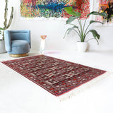 Vintage kilim rug in living room setting, bright colors, wild shaman, soft rug, bold color, Portland, Oregon, rug store, rug shop, local shop, vintage rug, modern kilim, warm colors, antique kilim rug
