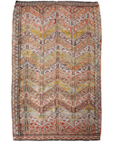 Vintage kilim rug in room decor setting, old rug, antique rug, pastel colors, faded colors, Turkish rug, vintage rug, soft rug, Portland, Oregon, rug store, rug shop, local shop,  antique kilim rug, bold colors, bright colors, faded colors
