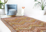 Vintage kilim rug in room decor setting, old rug, antique rug, pastel colors, faded colors, Turkish rug, vintage rug, soft rug, Portland, Oregon, rug store, rug shop, local shop,  antique kilim rug, bold colors, bright colors, faded colors