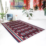 Vintage kilim rug in living room setting, bright colors, wild shaman, soft rug, bold color, Portland, Oregon, rug store, rug shop, local shop, vintage rug, modern kilim, warm colors, antique kilim rug