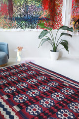 Vintage kilim rug in living room setting, bright colors, wild shaman, soft rug, bold color, Portland, Oregon, rug store, rug shop, local shop, vintage rug, modern kilim, warm colors, antique kilim rug
