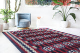 Vintage kilim rug in living room setting, bright colors, wild shaman, soft rug, bold color, Portland, Oregon, rug store, rug shop, local shop, vintage rug, modern kilim, warm colors, antique kilim rug