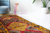 Vintage Turkish runner rug in a living room setting, pile rug, Turkish rug, vintage rug, portland, rug shop, bright colors, wild shaman, soft rug, bold color, Portland, Oregon, rug store, rug shop, local shop, antique rug