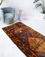 Vintage Turkish runner rug in a living room setting, pile rug, Turkish rug, vintage rug, portland, rug shop, bright colors, wild shaman, soft rug, bold color, Portland, Oregon, rug store, rug shop, local shop, antique rug