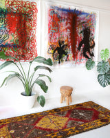 Vintage Turkish runner rug in a living room setting, pile rug, Turkish rug, vintage rug, portland, rug shop, bright colors, wild shaman, soft rug, bold color, Portland, Oregon, rug store, rug shop, local shop, antique rug