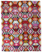 Vintage kilim rug in living room setting, bright colors, wild shaman, soft rug, bold color, Portland, Oregon, rug store, rug shop, local shop, vintage rug, modern kilim, warm colors