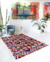 Vintage kilim rug in living room setting, bright colors, wild shaman, soft rug, bold color, Portland, Oregon, rug store, rug shop, local shop, vintage rug, modern kilim, warm colors