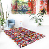 Vintage kilim rug in living room setting, bright colors, wild shaman, soft rug, bold color, Portland, Oregon, rug store, rug shop, local shop, vintage rug, modern kilim, warm colors