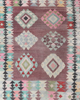 Vintage kilim rug in room decor setting, old rug, antique rug, pastel colors, faded colors, Turkish rug, vintage rug, soft rug, Portland, Oregon, rug store, rug shop, local shop,  antique kilim rug, bold colors, bright colors, faded colors