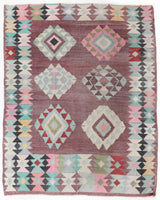 Vintage kilim rug in room decor setting, old rug, antique rug, pastel colors, faded colors, Turkish rug, vintage rug, soft rug, Portland, Oregon, rug store, rug shop, local shop,  antique kilim rug, bold colors, bright colors, faded colors