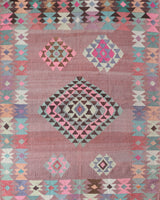 Vintage kilim rug in room decor setting, old rug, antique rug, pastel colors, faded colors, Turkish rug, vintage rug, soft rug, Portland, Oregon, rug store, rug shop, local shop,  antique kilim rug, bold colors, bright colors, faded colors