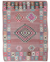 Vintage kilim rug in room decor setting, old rug, antique rug, pastel colors, faded colors, Turkish rug, vintage rug, soft rug, Portland, Oregon, rug store, rug shop, local shop,  antique kilim rug, bold colors, bright colors, faded colors
